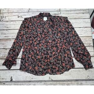 Misa Womens Black Floral Collared Button Up Blouse Long Sleeve Ruffle Size L USA